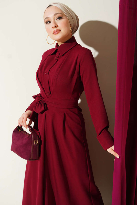 Boydan Knopfleiste Kleid mit Gürtel und Bleistiftrock in Bordeaux