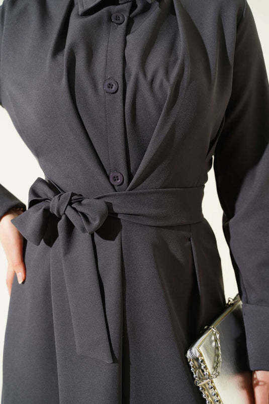 Full-Buttoned Dress with Belt and Pleats in Smoke Gray