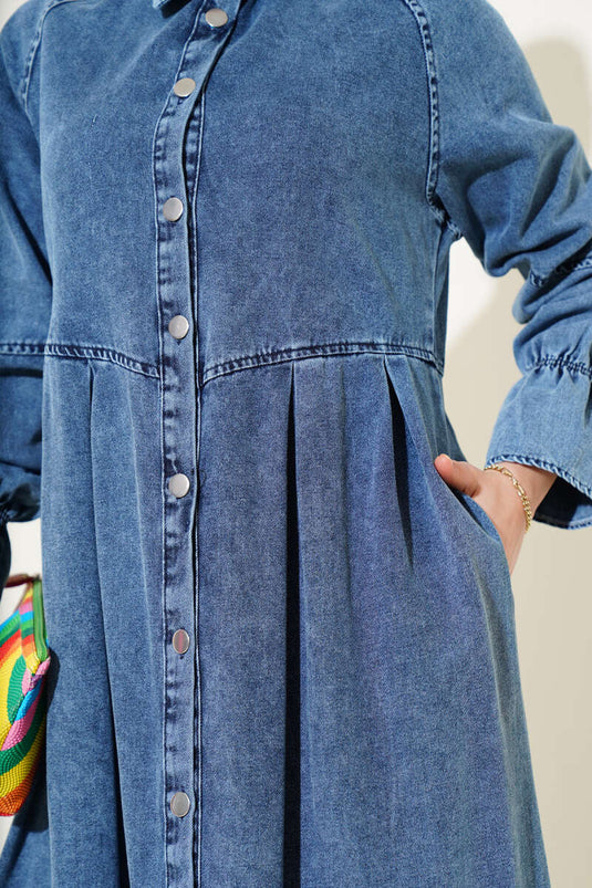 Buttoned Pleat Detailed Denim Dress