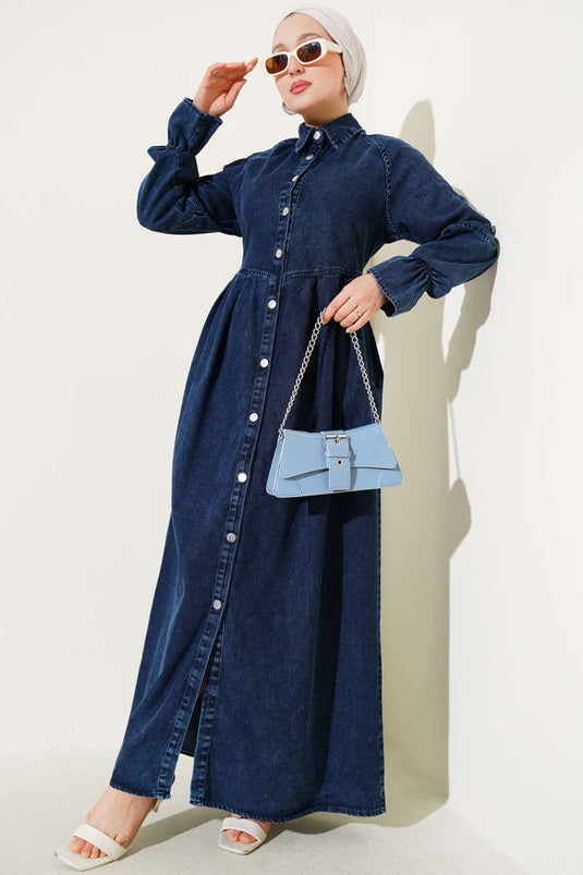 Boydan Düğmeli Pile Detaylı Kot Elbise Lacivert