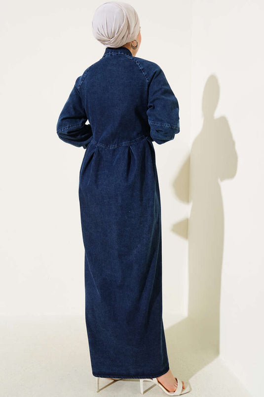 Boydan Düğmeli Pile Detaylı Kot Elbise Lacivert