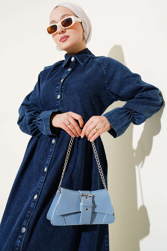 Boydan Düğmeli Pile Detaylı Kot Elbise Lacivert