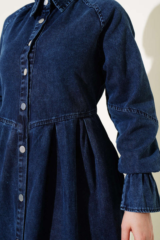 Boydan Düğmeli Pile Detaylı Kot Elbise Lacivert