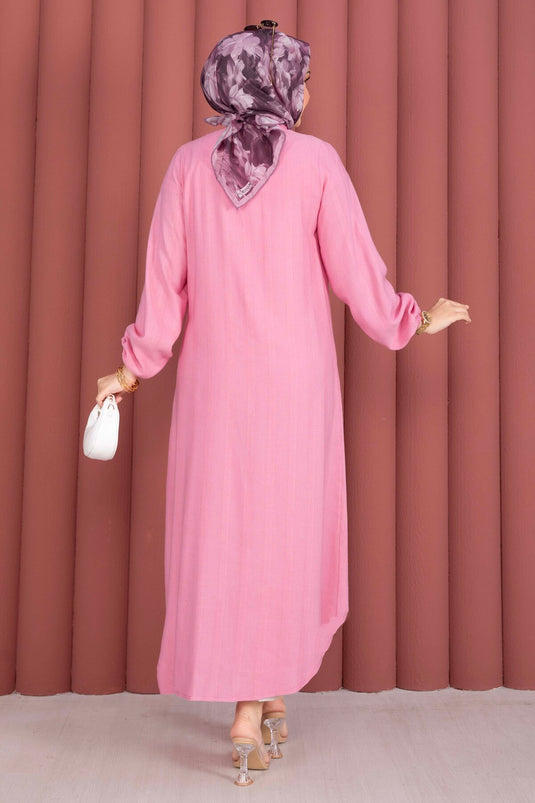 Boydan Düğmeli Salaş Gömlek Tunik Pembe