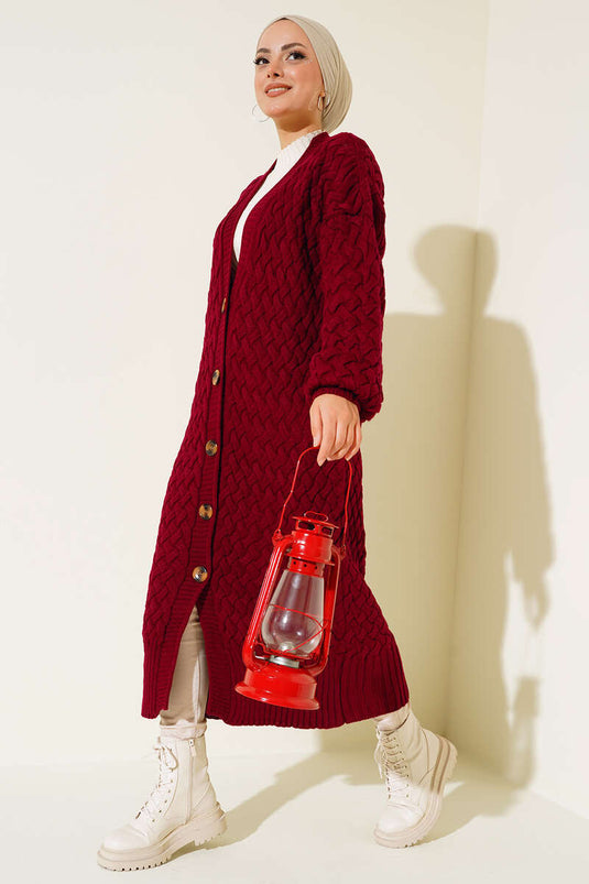 Basket Knit Long Cardigan with Buttons All Along, Burgundy