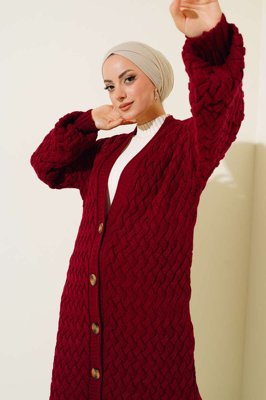 Basket Knit Long Cardigan with Buttons All Along, Burgundy