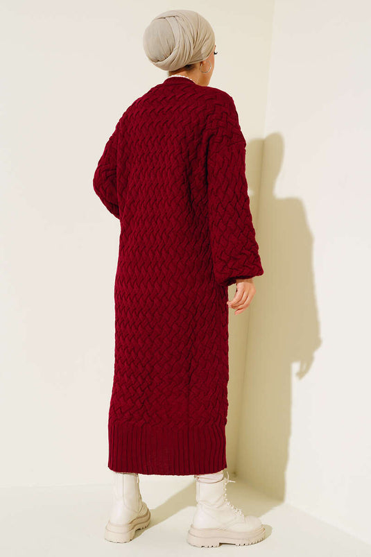 Basket Knit Long Cardigan with Buttons All Along, Burgundy