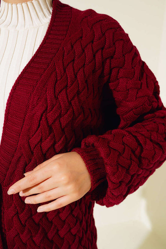 Basket Knit Long Cardigan with Buttons All Along, Burgundy