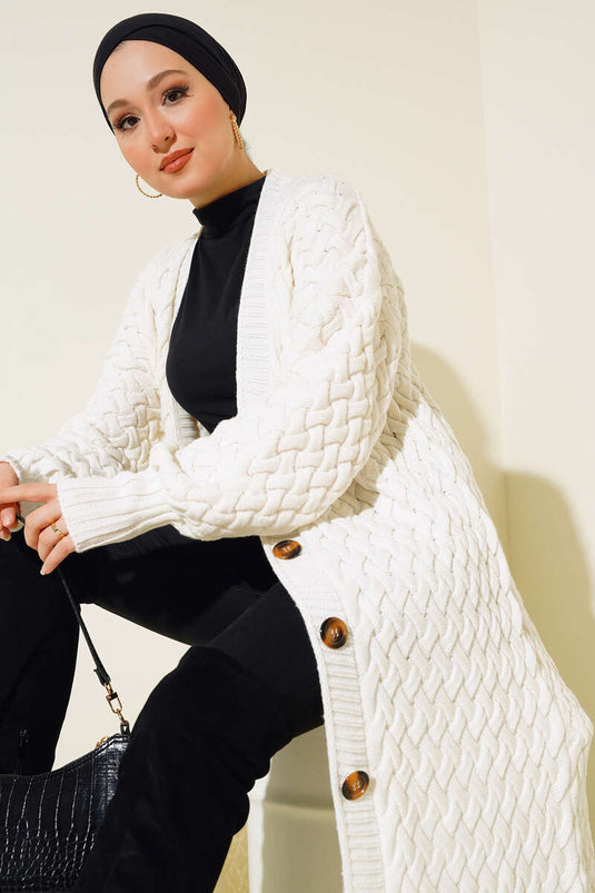 Cardigan lungo in maglia a canestro con bottoni su tutta la lunghezza, ecrù