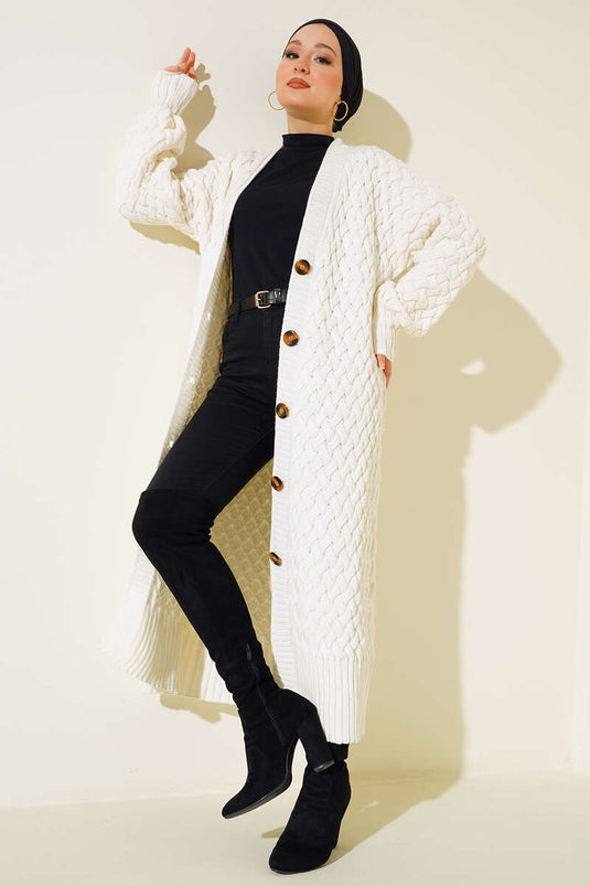 Gilet long en maille panier avec boutons sur toute la longueur, écru