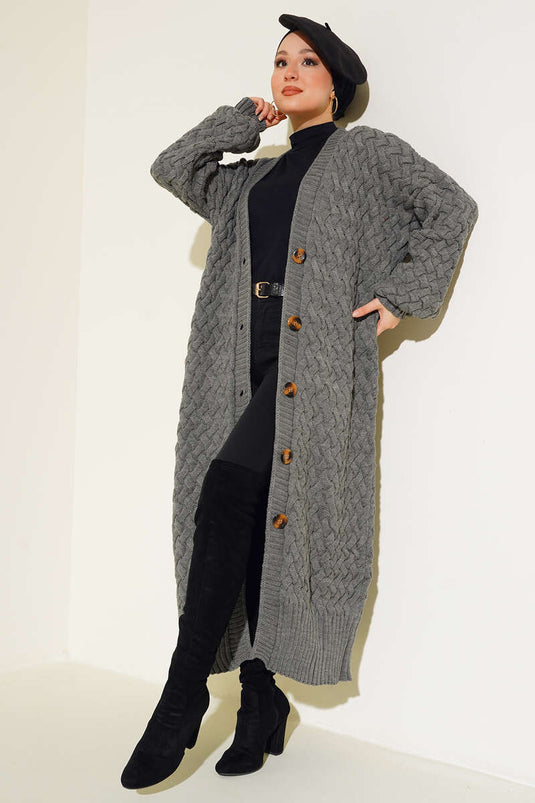 Basket Knit Long Cardigan with Buttons All Along, Smoked
