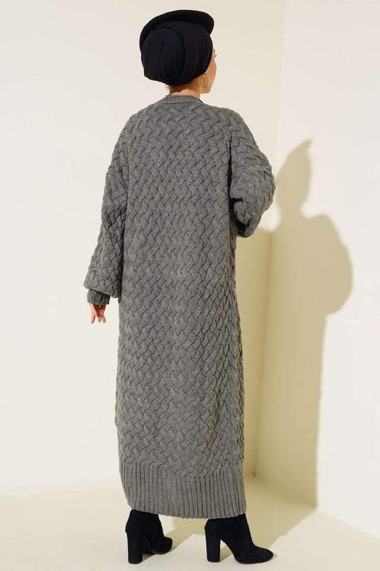 Gilet long en maille panier avec boutons sur toute la longueur, couleur fumée