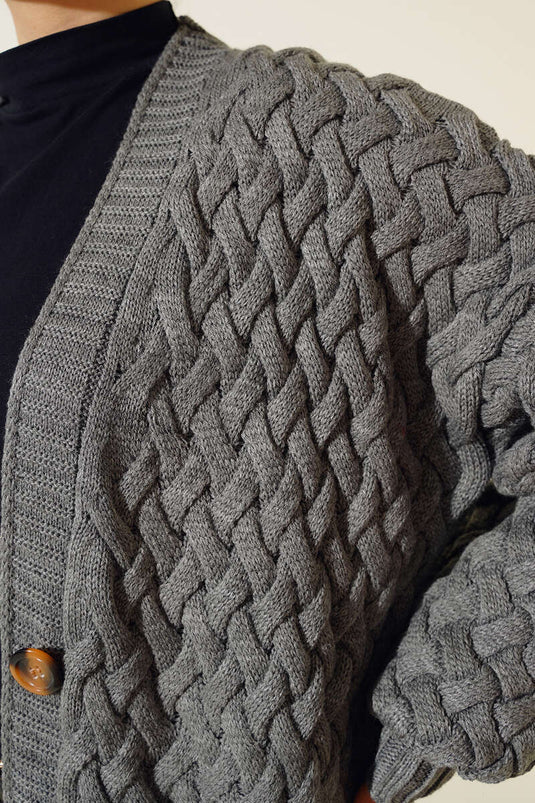 Basket Knit Long Cardigan with Buttons All Along, Smoked