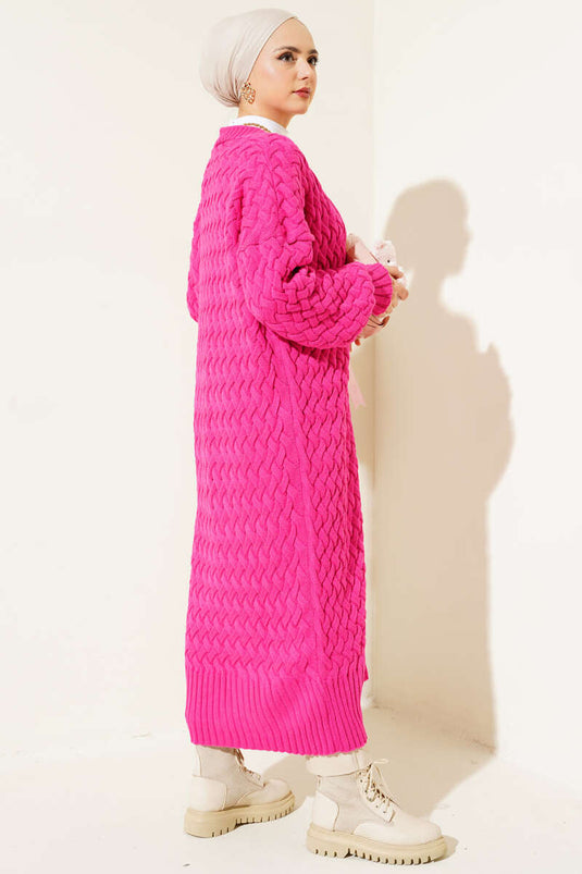 كارديجان طويل محبوك بأزرار باللون الفوشيا