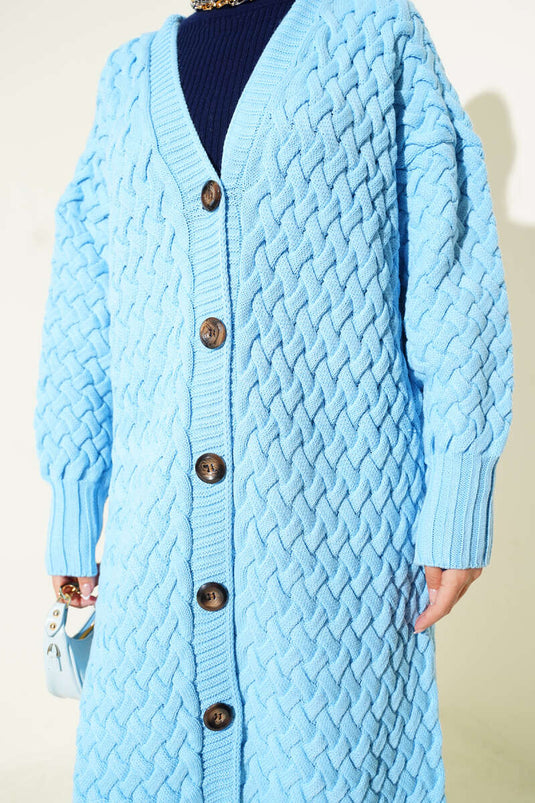 Basket Knit Long Cardigan with Buttons All the Way, Sky Blue