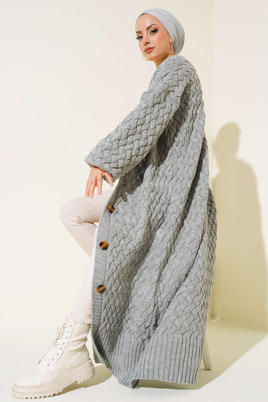 Basket Knit Long Cardigan with Buttons Throughout Gray