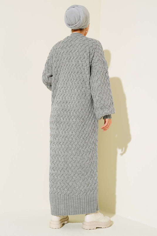 Basket Knit Long Cardigan with Buttons Throughout Gray