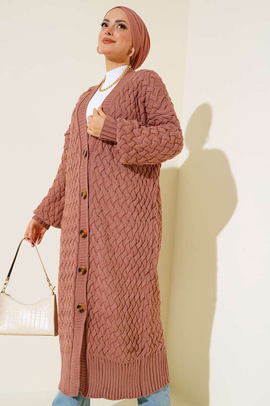 Basket Knit Long Cardigan with Buttons All Along Dusty Rose