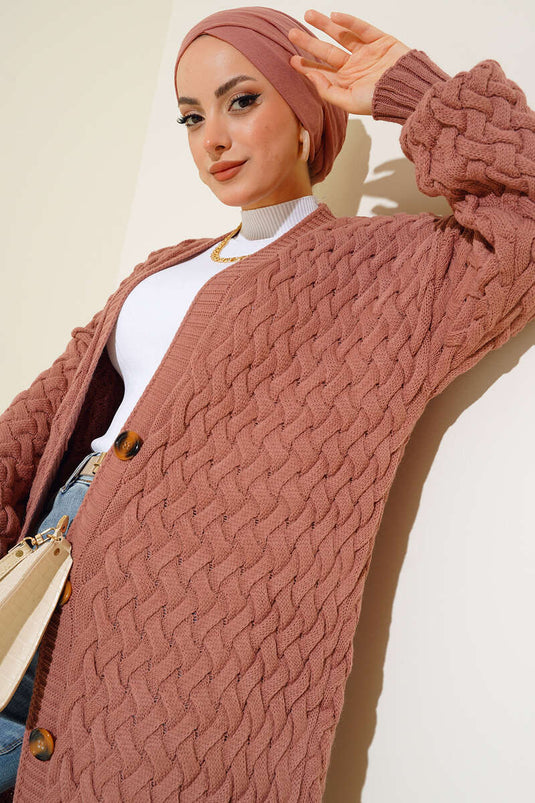 Basket Knit Long Cardigan with Buttons All Along Dusty Rose