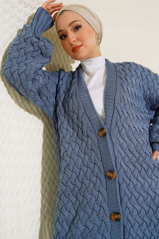 Basket Knit Long Cardigan with Buttons in Indigo