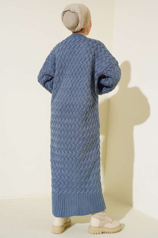 Basket Knit Long Cardigan with Buttons in Indigo