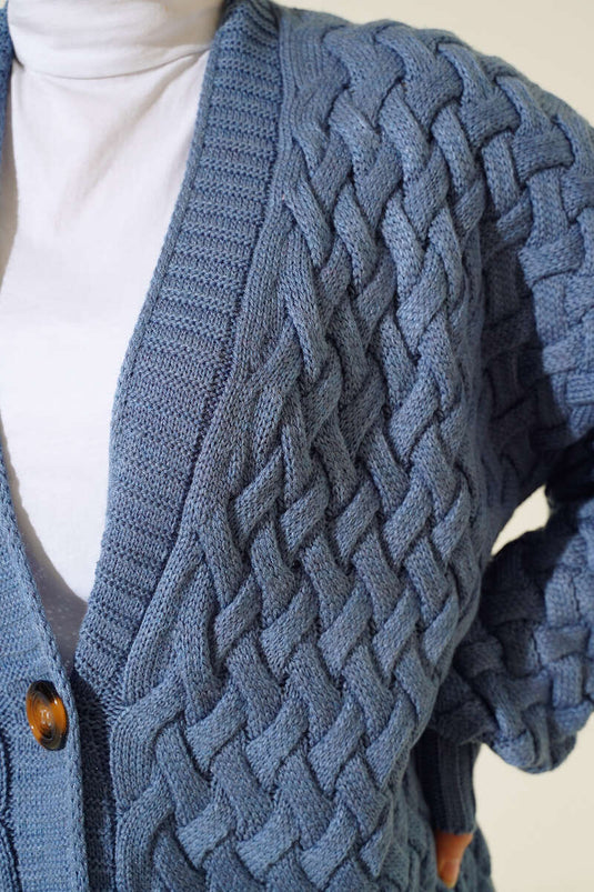 Basket Knit Long Cardigan with Buttons in Indigo