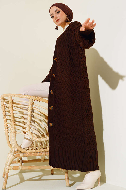 Basket Knit Long Cardigan with Buttons All Along Brown