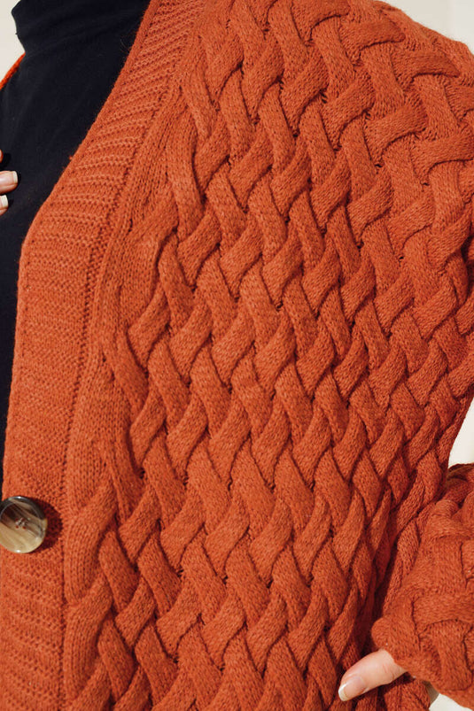 Full-Length Buttoned Basket Weave Long Cardigan, Terracotta