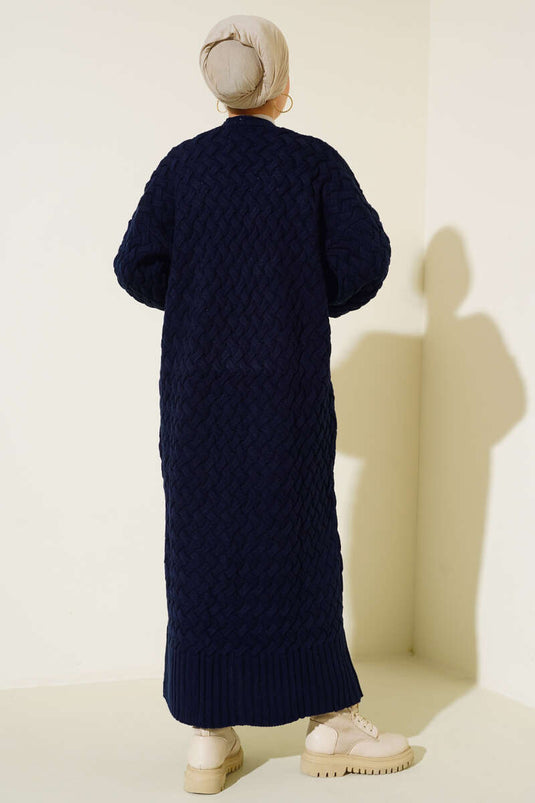 Gilet long en maille panier avec boutons sur tout le pourtour, bleu marine