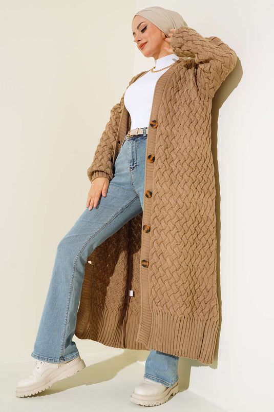 Basket Knit Long Cardigan Latte with Buttons All the Way