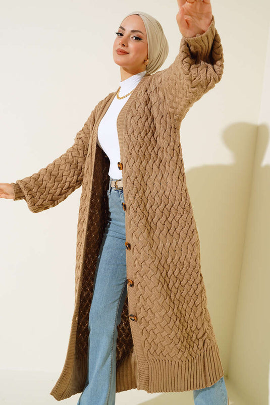 Basket Knit Long Cardigan Latte with Buttons All the Way