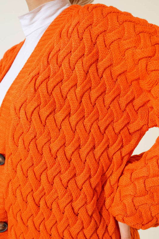 Basket Knit Long Cardigan with Buttons All Along Orange