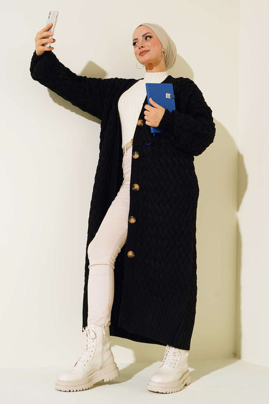 Gilet long en maille panier avec boutons sur toute la surface, noir