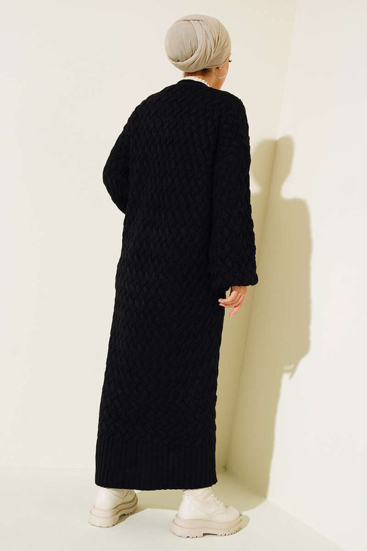 Basket Knit Long Cardigan with Buttons Throughout Black