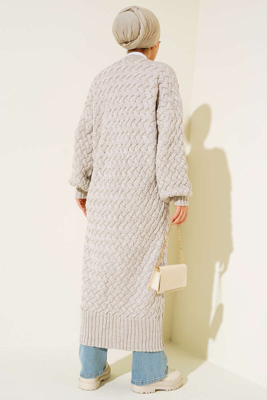 Langer, geknöpfter Cardigan im Korbgeflechtmuster, Farbe: Stone