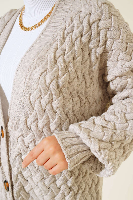 Langer, geknöpfter Cardigan im Korbgeflechtmuster, Farbe: Stone