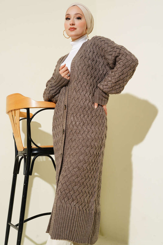 Gilet long en maille panier avec boutons sur toute la longueur, couleur vison