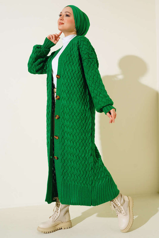 Gilet long vert en maille panier avec boutons sur le côté