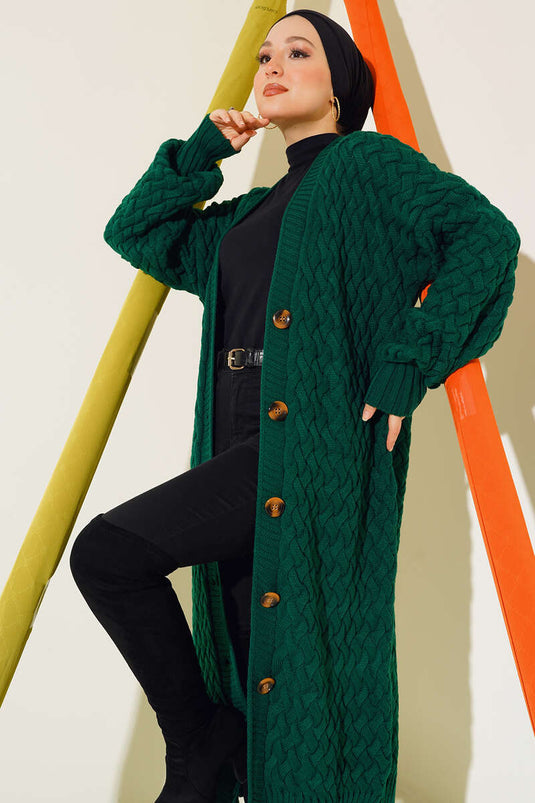 Gilet long en maille panier boutonnée vert émeraude