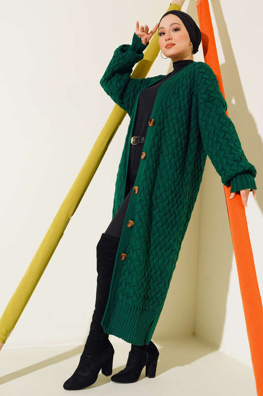 Gilet long en maille panier boutonnée vert émeraude