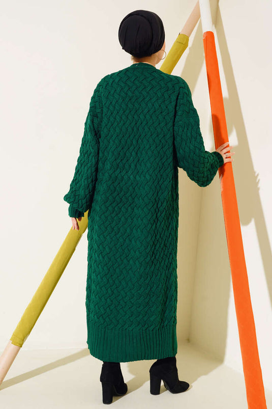 Gilet long en maille panier boutonnée vert émeraude