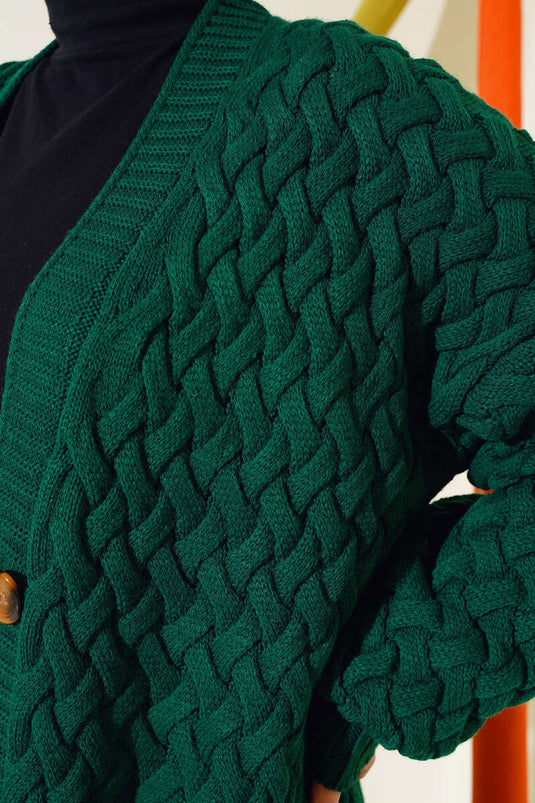 Gilet long en maille panier boutonnée vert émeraude