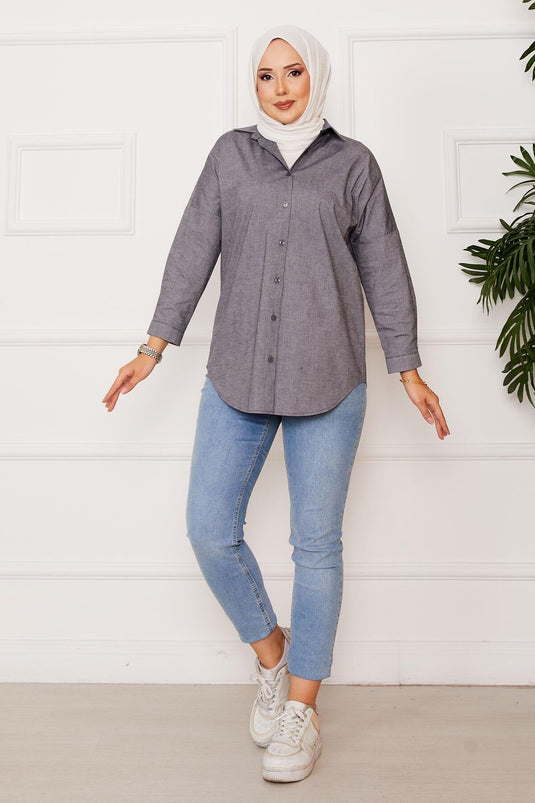 Boydan Düğmeli Spor Gömlek Gri