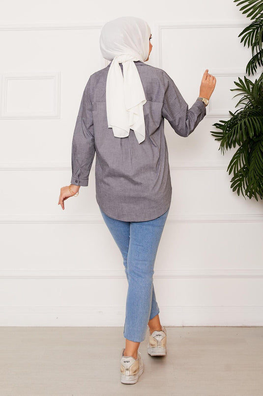 Boydan Düğmeli Spor Gömlek Gri