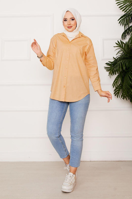 Boydan Düğmeli Spor Gömlek Hardal