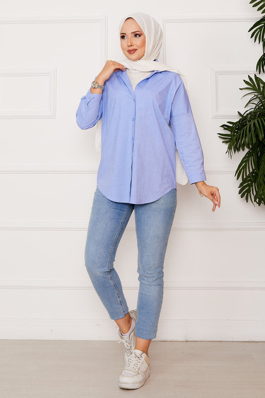Boydan Düğmeli Spor Gömlek Mavi