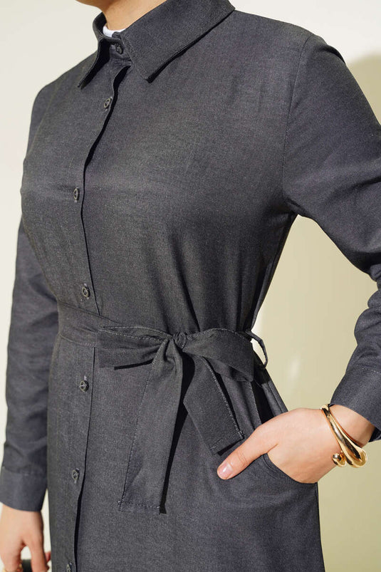 Buttoned Tencel Denim Dress Charcoal