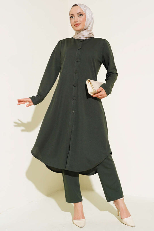 Buttoned Tunic Two-Piece Set Khaki