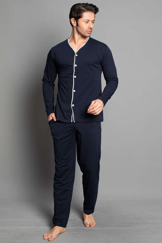 Boydan Düğmeli Uzun Kol Erkek Pijama Takım Lacivert Bordo