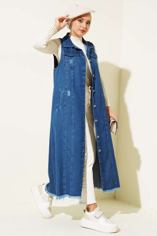 Gilet Long Boutonné En Jean Bleu Marine